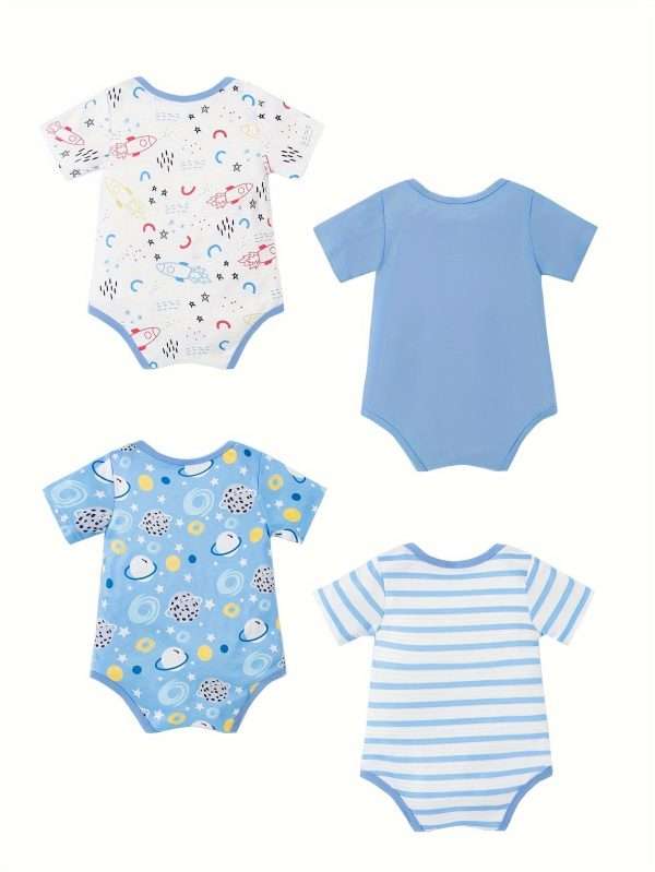 4 Sets Baby's Cartoon Pattern Short Sleeve Set, Onesie & Hat & Pants, Baby Boy's Clothing