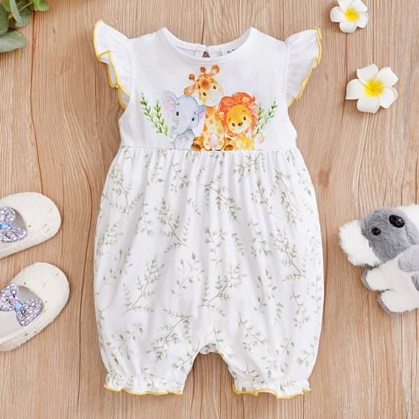 052b0c93c34f8cc08a4a86ea4e8aa3e5.jpg Newborn Infant Cute Cartoon Animal Printed Cotton Comfy Romper, Ruffled Sleeve Crew Neck Jumpsuit For Baby Girls, Summer Clothes