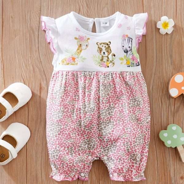 16e8b98306110e1477579a4e787bebb8.jpg Newborn Infant Cute Cartoon Animal Printed Cotton Comfy Romper, Ruffled Sleeve Crew Neck Jumpsuit For Baby Girls, Summer Clothes