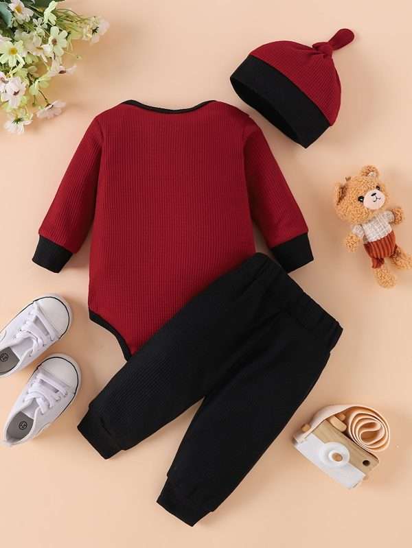 18589f097fffc1d0e1c89838c23f7404-1.jpg Waffle Bear Embroidery Cute Outfit Toddler Baby Boys Clothes Long Sleeve Triangle Romper +Casual Trousers + Hat Set For Fall Winter