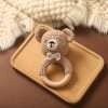 Baby Beech Wooden Pure Cotton Crochet Ringing Bell, Brown Bear Ring Wooden Baby Gym Montessori Toy Halloween Easter Gift