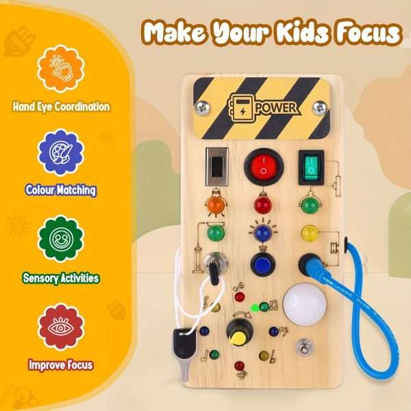 24f64e699fe84fe0e398398d163ae428-1.jpg Montessori Toddler Busy Board, Baby Wooden Busy Board With 8 LED Light Switches, Light Switch Toy, Travel Toy For Baby And Toddler