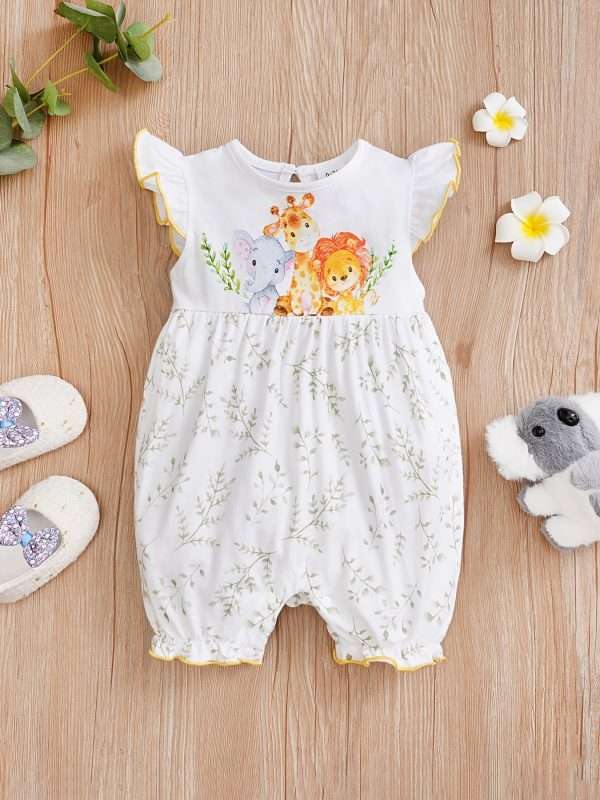 2c3e48cd147052ced70316476b0df0f1-1.jpg Newborn Infant Cute Cartoon Animal Printed Cotton Comfy Romper, Ruffled Sleeve Crew Neck Jumpsuit For Baby Girls, Summer Clothes
