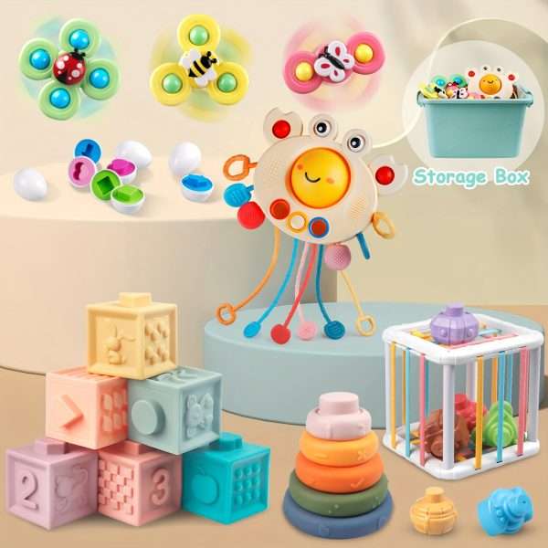 2db21fa41789719fde5c6e3639939010.jpg 6 In 1 Baby Toys, Montessori Toy Soft Building Blocks Stacking Ring Infant Teething Toy Pull String Toy, Suction Cup Spinner Toy Eggs Color Matching Game Shape Sorter Sensory Bin