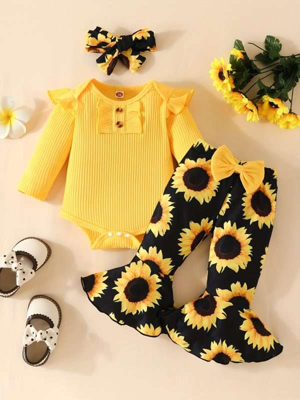 3pcs Adorable Infant Baby Girl Outfit Set with Ruffle Ribbed Romper, Sunflower Print Pants, and Headband - Perfect for Playtime and Photos!