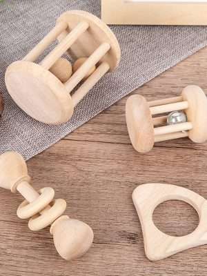 4 pieces Montessori Wooden Baby Rattle Set - Natural Teething Ring and Geometric Grab Toy - Perfect Gift for Infants and Toddlers on Christmas, Halloween, and Thanksgiving
