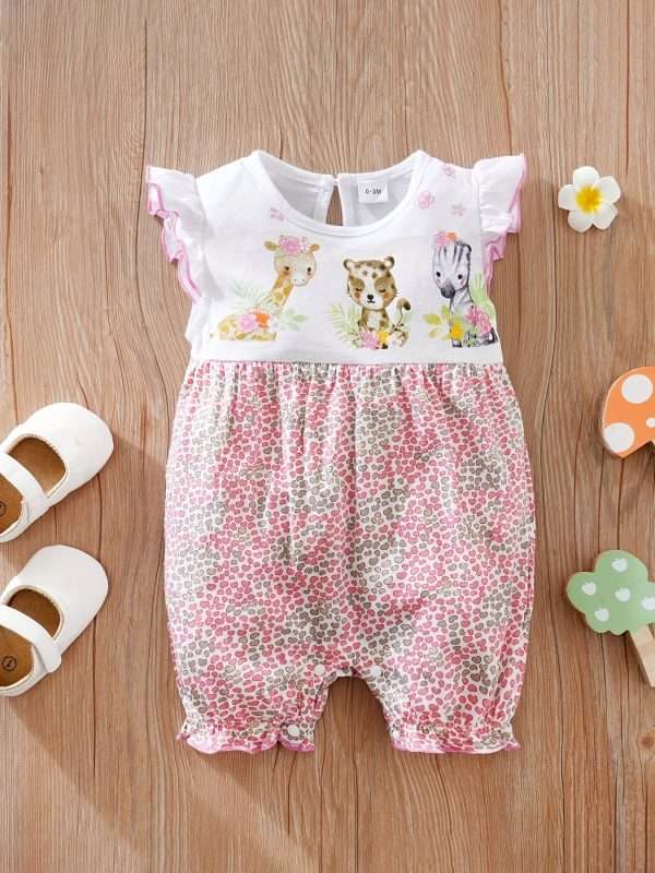 40327ddaf12f8e217537beea7578ef7b-1.jpg Newborn Infant Cute Cartoon Animal Printed Cotton Comfy Romper, Ruffled Sleeve Crew Neck Jumpsuit For Baby Girls, Summer Clothes