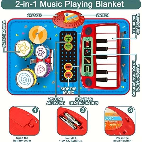 4910149c1624280e0b847ef0452c8cc1.jpg Musical Blanket Toddler Piano & Drum Mat with 2 Sticks - 2-in-1 Learning Floor Blanket for 1-3 Year Old Boys & Girls - Perfect Birthday Gift for Little Musicians