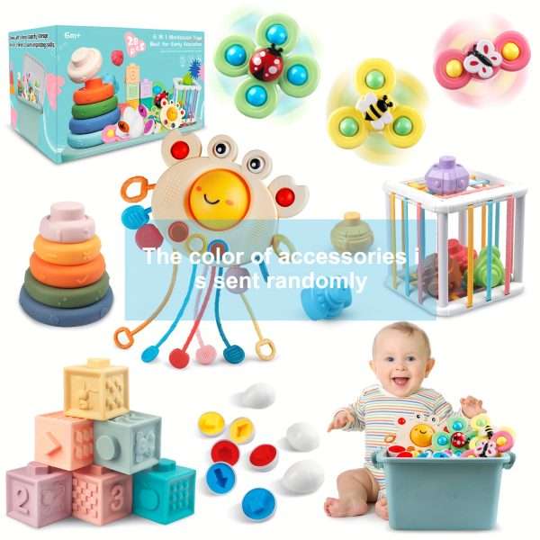 4f72ad8f04ee826ec5e8804480ed6a9a.jpg 6 In 1 Baby Toys, Montessori Toy Soft Building Blocks Stacking Ring Infant Teething Toy Pull String Toy, Suction Cup Spinner Toy Eggs Color Matching Game Shape Sorter Sensory Bin