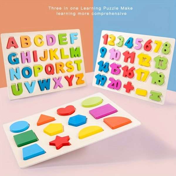 5245cce0986dfdc54e1b3c6372250cf9.jpg Three-in-one Preschool Puzzle Set, Children Learn Alphabets, Numbers, Shapes, Colors, Cognition, Early Education, Montessori Toys, Developing Baby Intelligence, Educational Puzzle, Puzzle Toys