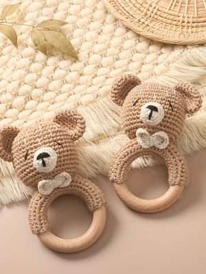 Baby Beech Wooden Pure Cotton Crochet Ringing Bell, Brown Bear Ring Wooden Baby Gym Montessori Toy Halloween Easter Gift