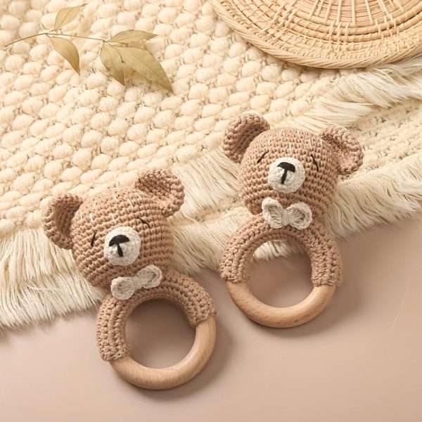 5629035f1fa9b54cf3b194ad159fb5aa.jpg Baby Beech Wooden Pure Cotton Crochet Ringing Bell, Brown Bear Ring Wooden Baby Gym Montessori Toy Halloween Easter Gift