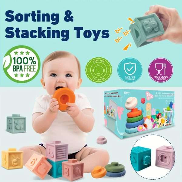 60a557576e42e2260845d871f893d079.jpg 6 In 1 Baby Toys, Montessori Toy Soft Building Blocks Stacking Ring Infant Teething Toy Pull String Toy, Suction Cup Spinner Toy Eggs Color Matching Game Shape Sorter Sensory Bin