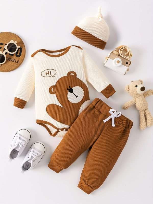 621f0ca6f40c5fdef0240ac9c14a1bd3.jpg Waffle Bear Embroidery Cute Outfit Toddler Baby Boys Clothes Long Sleeve Triangle Romper +Casual Trousers + Hat Set For Fall Winter