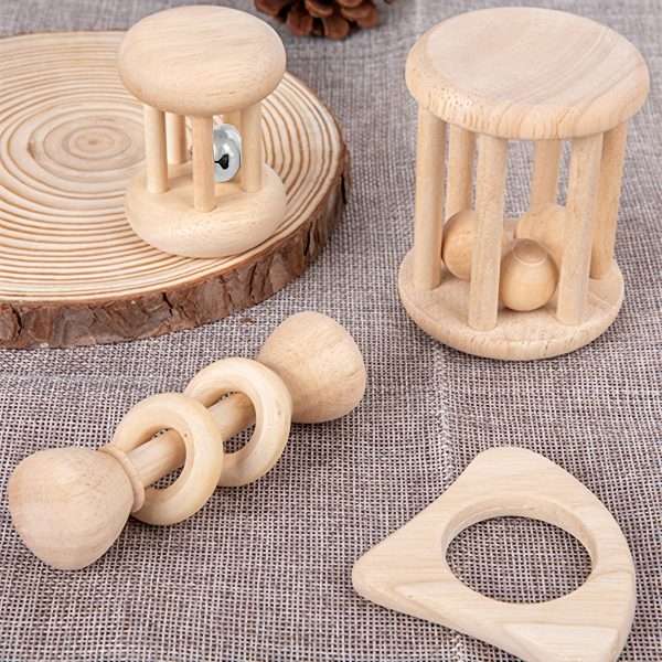 6be7fe27492298659341d3929be3a002-1.jpg 4 pieces Montessori Wooden Baby Rattle Set - Natural Teething Ring and Geometric Grab Toy - Perfect Gift for Infants and Toddlers on Christmas, Halloween, and Thanksgiving