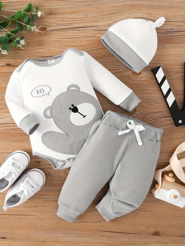7bbd8f2545fa685a5adeccabf46f9741-1.jpg Waffle Bear Embroidery Cute Outfit Toddler Baby Boys Clothes Long Sleeve Triangle Romper +Casual Trousers + Hat Set For Fall Winter