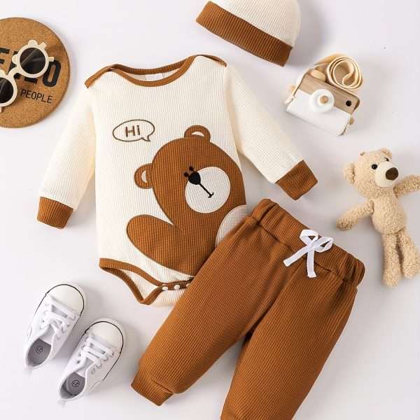 8310ee4f87f7b0f88cdd8cf6ee4d9a0f.jpg Waffle Bear Embroidery Cute Outfit Toddler Baby Boys Clothes Long Sleeve Triangle Romper +Casual Trousers + Hat Set For Fall Winter