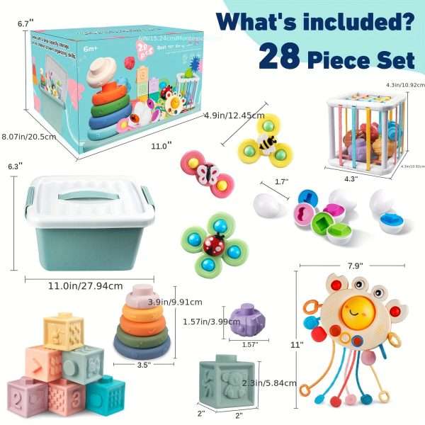 8ca43f82-05a9-11ee-9bb2-0a580a69716d.jpg 6 In 1 Baby Toys, Montessori Toy Soft Building Blocks Stacking Ring Infant Teething Toy Pull String Toy, Suction Cup Spinner Toy Eggs Color Matching Game Shape Sorter Sensory Bin