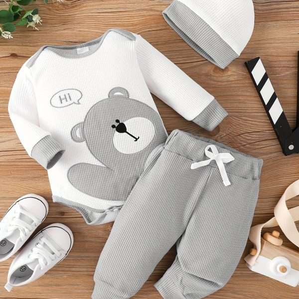 90d3ac3f22251d8fef62f4d0c61aebe3.jpg Waffle Bear Embroidery Cute Outfit Toddler Baby Boys Clothes Long Sleeve Triangle Romper +Casual Trousers + Hat Set For Fall Winter