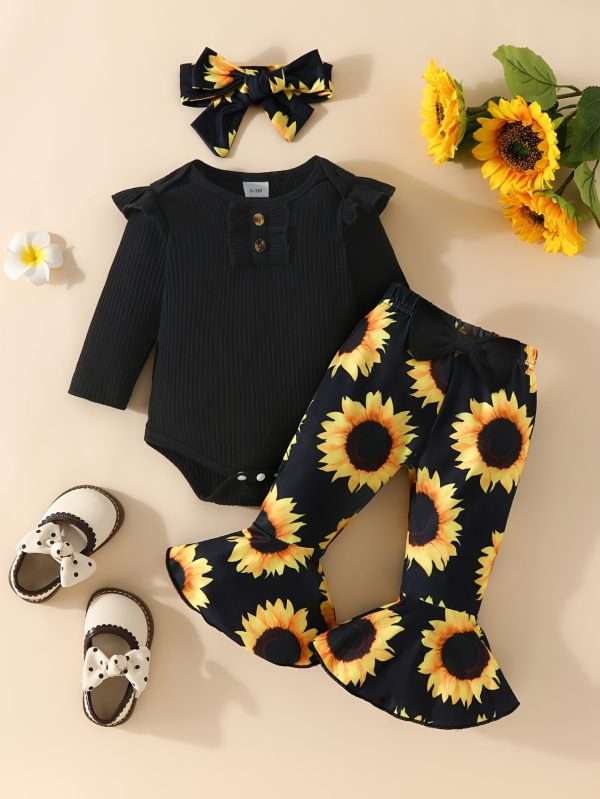 3pcs Adorable Infant Baby Girl Outfit Set with Ruffle Ribbed Romper, Sunflower Print Pants, and Headband - Perfect for Playtime and Photos!