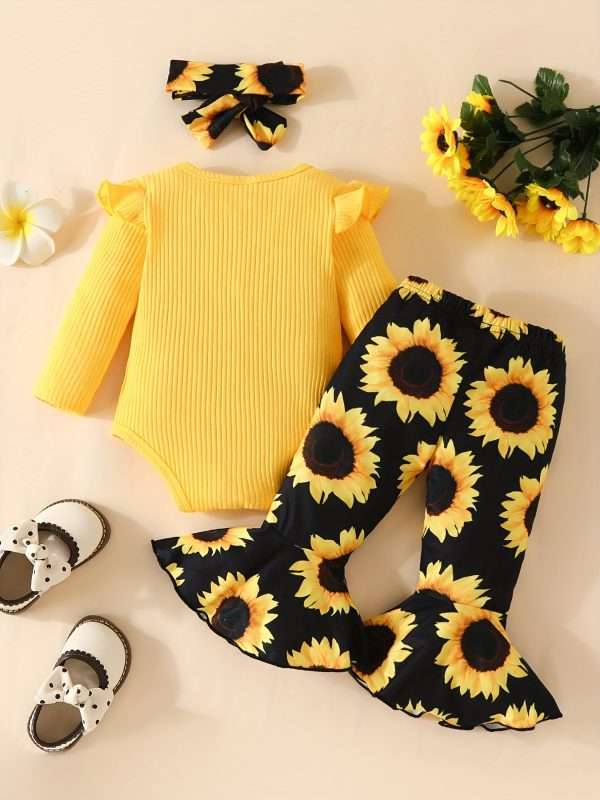 3pcs Adorable Infant Baby Girl Outfit Set with Ruffle Ribbed Romper, Sunflower Print Pants, and Headband - Perfect for Playtime and Photos!