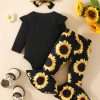 3pcs Adorable Infant Baby Girl Outfit Set with Ruffle Ribbed Romper, Sunflower Print Pants, and Headband - Perfect for Playtime and Photos!