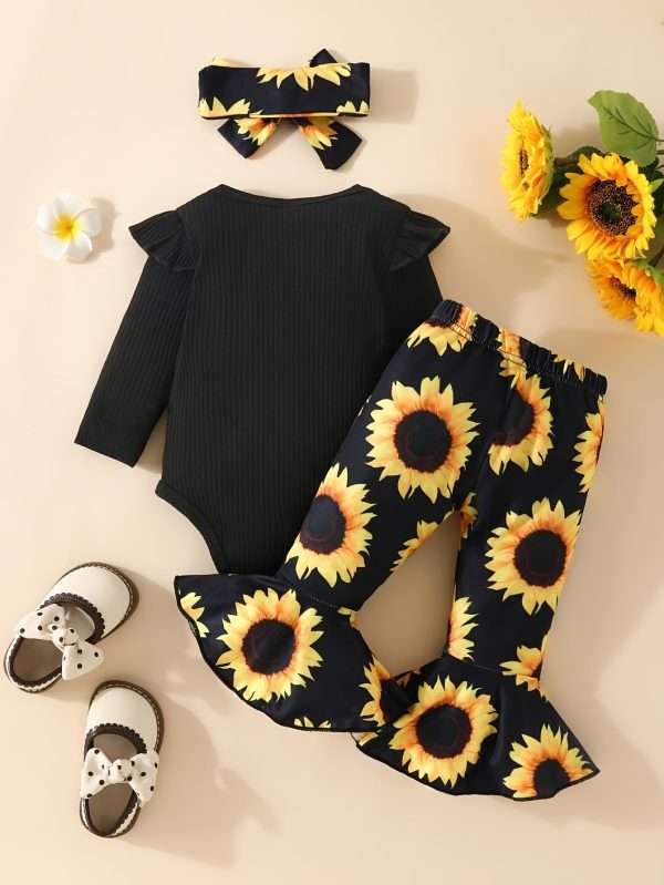 3pcs Adorable Infant Baby Girl Outfit Set with Ruffle Ribbed Romper, Sunflower Print Pants, and Headband - Perfect for Playtime and Photos!