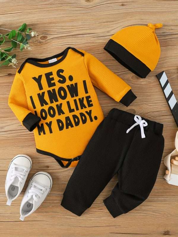 c22f528779eefa0e96360541289888c0-1.jpg Waffle Bear Embroidery Cute Outfit Toddler Baby Boys Clothes Long Sleeve Triangle Romper +Casual Trousers + Hat Set For Fall Winter