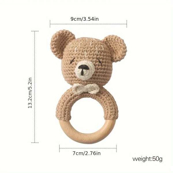 c650c62a-8aa0-11ee-babb-0a580a6810bb.jpg Baby Beech Wooden Pure Cotton Crochet Ringing Bell, Brown Bear Ring Wooden Baby Gym Montessori Toy Halloween Easter Gift