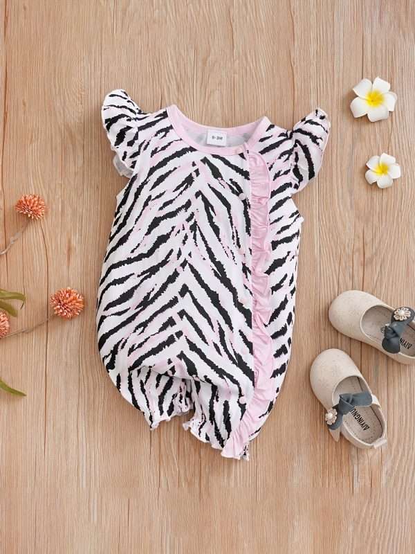 e0feb30a992da9a5bd343467bc018e06-1.jpg Newborn Infant Cute Cartoon Animal Printed Cotton Comfy Romper, Ruffled Sleeve Crew Neck Jumpsuit For Baby Girls, Summer Clothes