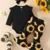 3pcs Adorable Infant Baby Girl Outfit Set with Ruffle Ribbed Romper, Sunflower Print Pants, and Headband - Perfect for Playtime and Photos!