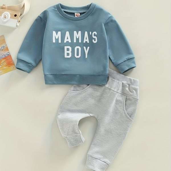 "Adorable Baby Boys ""MAMA'S BOY"" Outfit - Long Sleeve Sweatshirt and Trousers Set"