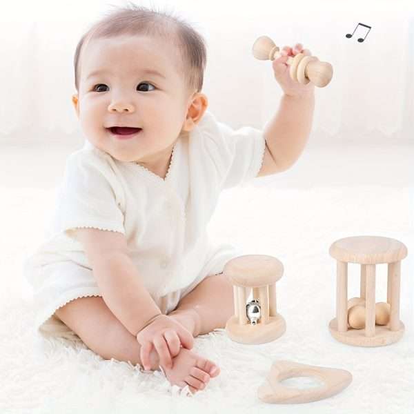 f20f038127073ff111de1db164a499bf-1.jpg 4 pieces Montessori Wooden Baby Rattle Set - Natural Teething Ring and Geometric Grab Toy - Perfect Gift for Infants and Toddlers on Christmas, Halloween, and Thanksgiving