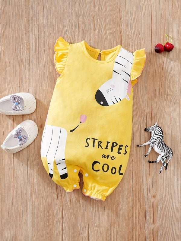 f6569d068814124709717cb19c224b6b-1.jpg Newborn Infant Cute Cartoon Animal Printed Cotton Comfy Romper, Ruffled Sleeve Crew Neck Jumpsuit For Baby Girls, Summer Clothes